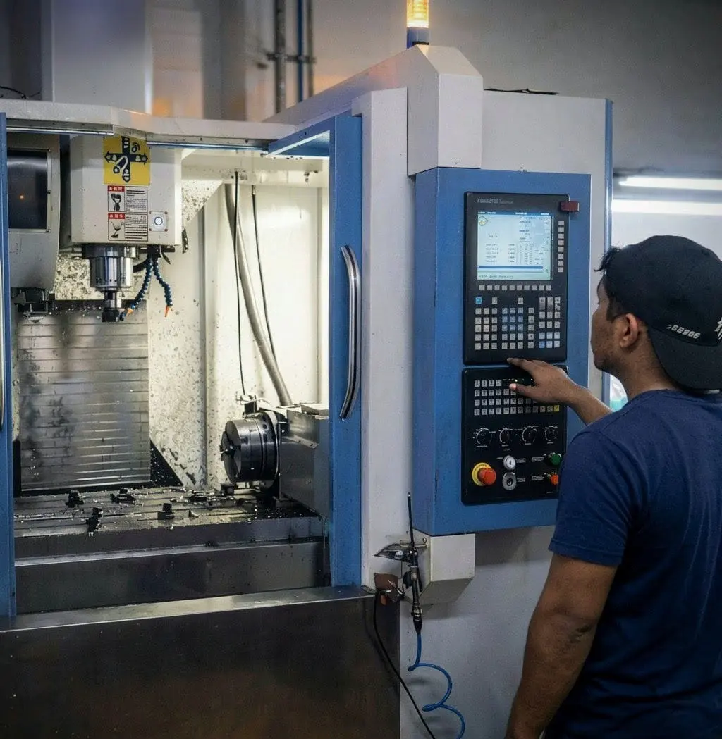 Operador trabajando en centro de maquinado CNC