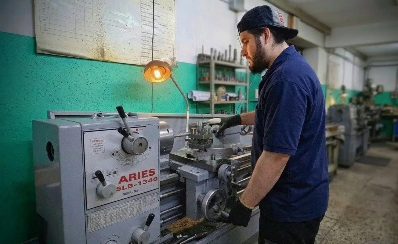 Operator carefully performing tasks on a conventional lathe