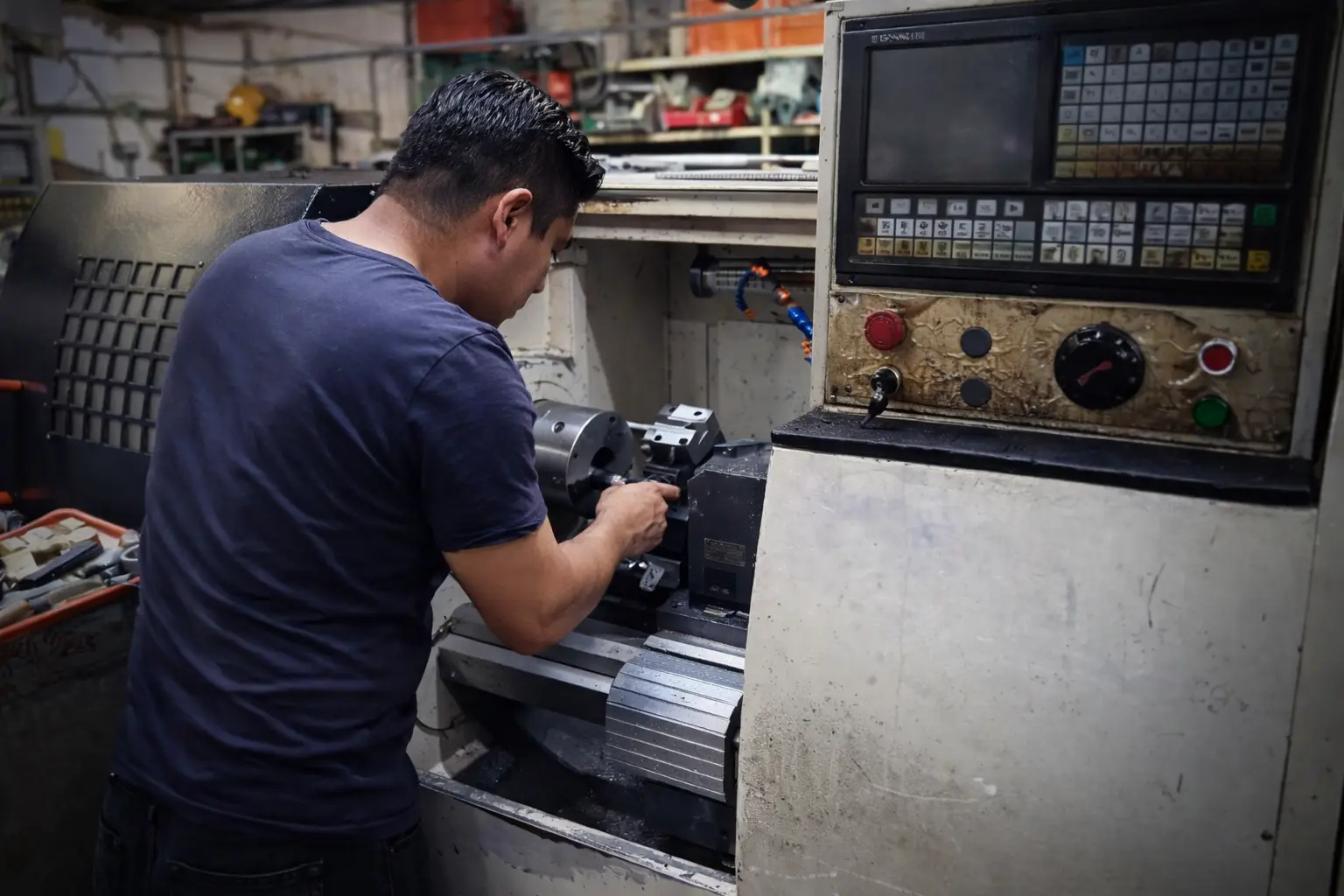 Operator carefully performing tasks on a CNC machining center